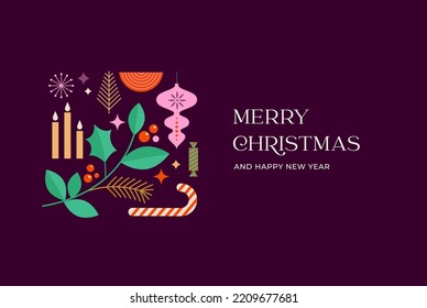 Christmas background with multiple Xmas decorations and winter elements. Colorful vector illustration in flat geometric cartoon style