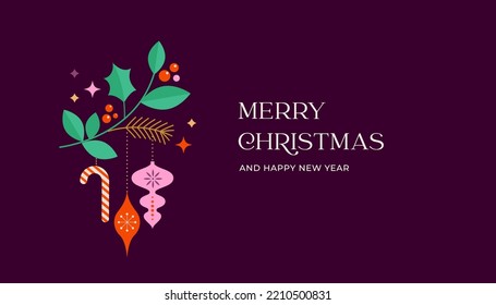 Christmas background with multiple Xmas decorations and winter elements. Colorful vector illustration in flat geometric cartoon style