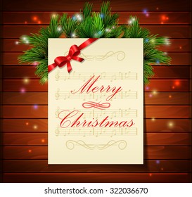 Christmas background with music paper ribbon and lights on a wood wall