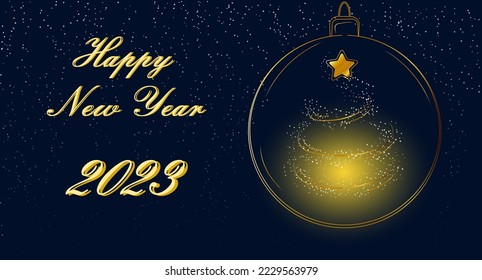 Christmas background and new year 2023 on dark night stars, Christmas tree, Christmas ball, inscription and lights. Vector clipart for decoration and creative design.