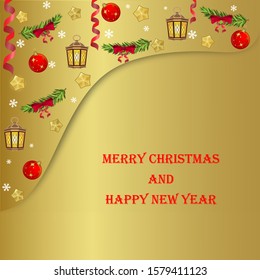 Christmas background with New Year attributes. Stars, snowflakes, Christmas decorations, lantern, spruce branch on a gold background. Vector illustration