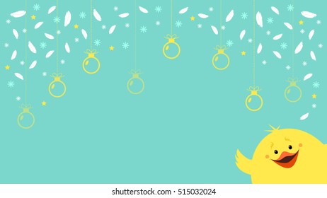 Christmas background for new year with a chicken. Feathers, beads and snowflakes. Vector illustration