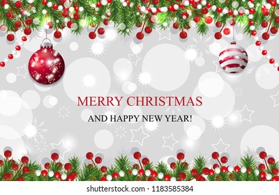 Christmas background, New Year decoration with fir branches, beads and holly berry and red baubles. Vector illustration.