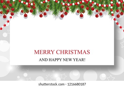 Christmas background, New Year decoration with garland fir branches, beads and holly berry. Vector illustration.