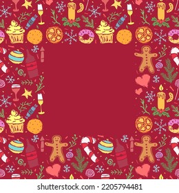 Fondo de Navidad. Marco de año nuevo. Navidad Doodle y ilustración de año nuevo con lugar para texto
