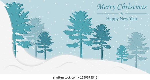 Christmas background. New Year greeting card. Vector illustration winter landscape with a forest and falling snow. Design for paper, prints, brochure, cover, banners etc.