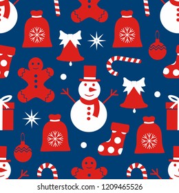Christmas background and New year seamless pattern-vector illustration. Stocking gifts calendar hat Snowman candle bell mittens caramel Christmas tree. Santa hat calendar