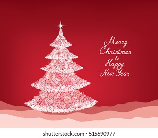 Christmas background with New Year Tree, Snow and Handwritten Greeting Lettering MERRY CHRISTMAS. Happy Winter Holiday Wallpaper. Greeting card design.