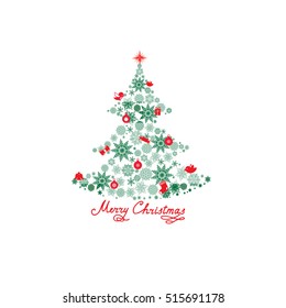 Christmas background with New Year Tree, Snow and Handwritten Greeting Lettering MERRY CHRISTMAS. Happy Winter Holiday Wallpaper. Greeting card design.