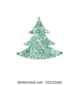 Christmas background with New Year Tree and Snowflakes. Happy Winter Holiday Wallpaper. Greeting card design. Snowy Fir Tree. Nature Decor.