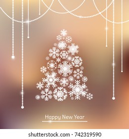 Christmas background. New Year. The Christmas tree. Celebration. Blurred. Vector illustration. Snowflakes. Garland. Winter.