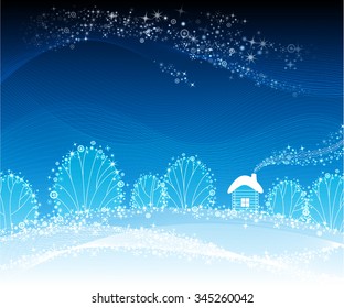 Christmas background, night forest landscape with small house, vector