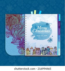 Christmas background. Notebook. Decorative city