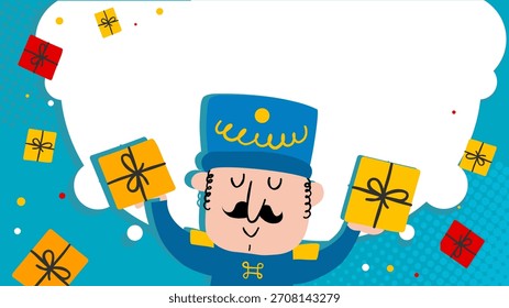 Christmas background with nutcracker and gifts, copy space - banner, background, poster - vector illustration