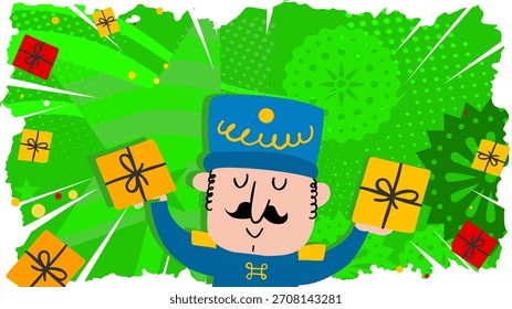 Fondo de Navidades con cascanueces y regalos, espacio de copia - Anuncio, fondo, cartel - Ilustración vectorial