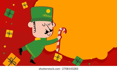 Christmas background with nutcracker and gifts, copy space - banner, background, poster - vector illustration