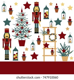 Christmas background with Nutcracker, Christmas tree, stars and lanterns.