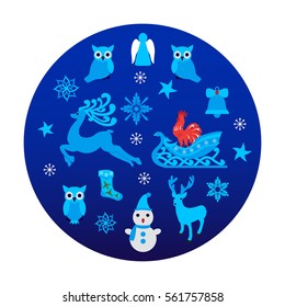Christmas background on blue. Vector illustration of collection elements for New Year.