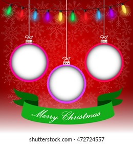 Christmas background on red and snowy background  with Christmas balls and lights.