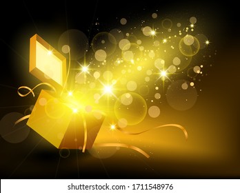 Christmas background with open golden box with confetti