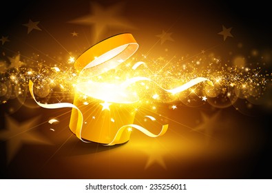 Christmas background with open golden box with stars and confetti