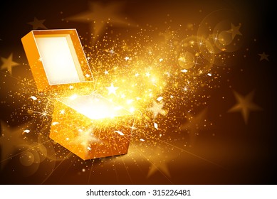 Christmas background with open golden box with stars and confetti