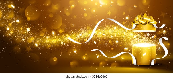 Christmas background with open golden box with stars and confetti. Vector