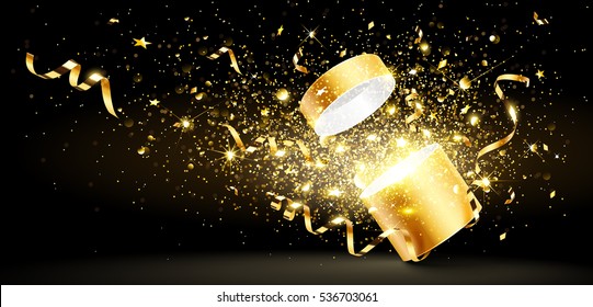 Christmas background with open golden gift with stars and confetti