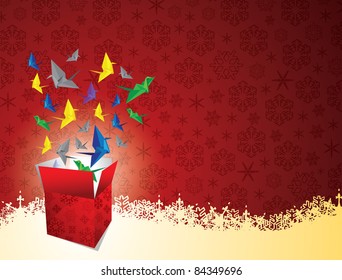 Christmas background with origami birds flying out of gift box