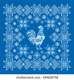 Christmas background ornament with rooster. Cross stitch. Vector pattern.