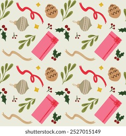 Christmas background ornament. Vector pattern with present, mistletoe, pinecone and ribbon. Seamless pattern can be used for wallpaper, textile, prints, background, wallpaper, wrapping paper.