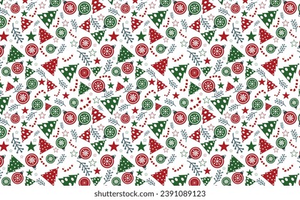 Christmas background with ornamental Candy, gifts, trees, leaves, toy. Holiday colorful seamless pattern. Winter background.Ready to print for fabric, textile, wrapping paper and other decoration.
