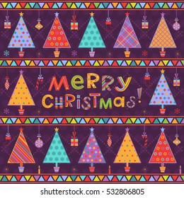 Christmas background with ornamental multicolored fir trees in pots with snowflakes, balls, gifts, candles and greeting text on dark purple backdrop