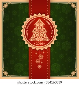 Christmas background. Ornamental template with label, Christmas tree and snowflakes. Vector design. Vintage elegant Christmas New Year greeting card, invitation, banner, poster