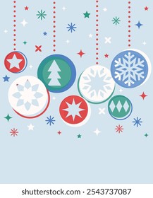 Fundo de Natal com enfeites. Baile decorado com flocos de neve. Ilustração vetorial
