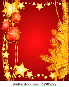 Christmas background with ornaments and tree. Vector illustration