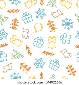 Christmas background with outline elements. Winter vector seamless background.