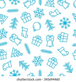 Christmas background with outline elements. Winter vector seamless background.
