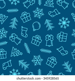 Christmas background with outline elements. Winter vector seamless background.