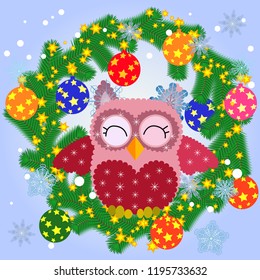 A Christmas background with owl, snowflakes, coniferous branches, decorated with balls, stars, ribbons