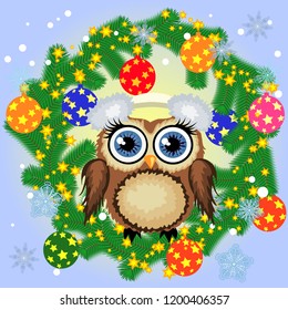 A Christmas background with owl, snowflakes, coniferous branches, decorated with balls, stars, ribbons