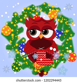 A Christmas background with owl, snowflakes, coniferous branches, decorated with balls, stars, ribbons