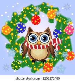 A Christmas background with owl, snowflakes, coniferous branches, decorated with balls, stars, ribbons