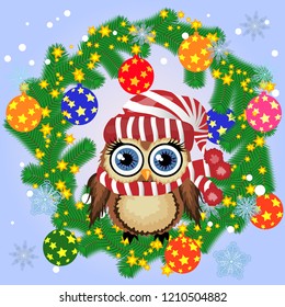 A Christmas background with owl, snowflakes, coniferous branches, decorated with balls, stars, ribbons