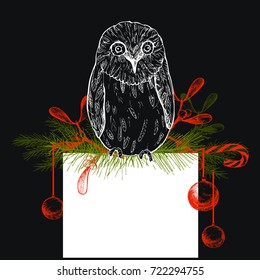  Christmas background with owl. Vector hand-drawn illustration.