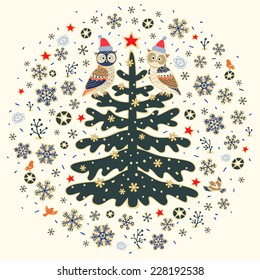 Christmas background. Owls, birds, Xmas tree, stars and snowflakes. Winter print design.