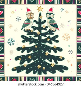 Christmas background. Owls, Xmas tree, stars and snowflakes. Winter forest illustration in ornamental frame. Vector pattern.