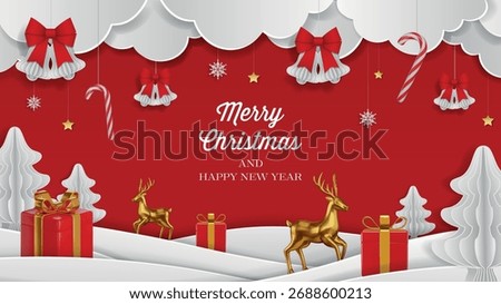 christmas background with paer clouds, bells, snowflakes and 3d reingeers and gift boxes
