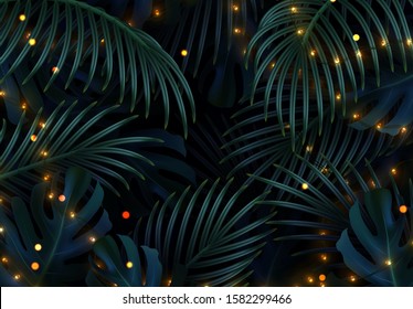 Christmas background with palm leaves and bright light garlands.