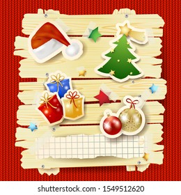 Christmas background with panel and stickers on red wool. Vector illustration eps10
